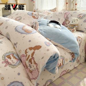 Yalu Комплект постельного белья из 4 предметов (простыня на резинке 180 см, пододеяльник 200х230 см), молочный вельвет, цвет Cat Gift