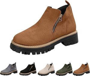 Женские ботильоны с боковой молнией, замшевые с круглым носком, низким каблуком и нескользящей подошвой, короткие ботинки с массивным каблуком, туфли для прогулок Generic, Brown