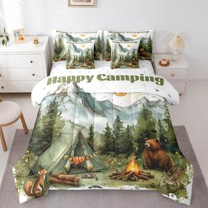 Erosebridal Комплект постельного белья Happy Camping с утеплителем, тематика лес и горы, для детей и взрослых, Dark Green Brown