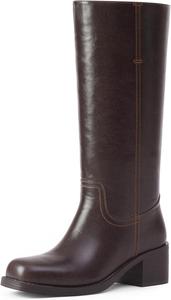 Женские ботинки до середины голени с массивным каблуком, высокие женские ботинки, квадратный носок, удобные повседневные ботинки, низкий каблук, модные стильные ботинки Adolilove, Dark Brown