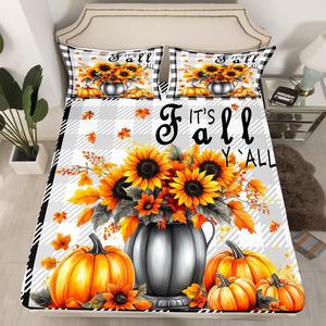 Erosebridal Комплект постельного белья Happy Fall для детей с винтажным принтом подсолнухов и тыкв в клетку, Black Yellow