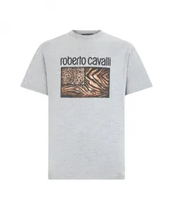 Футболка с животным принтом, круглым вырезом и логотипом. Roberto Cavalli, серый