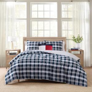 Tommy Hilfiger Комплект постельного белья, размер Twin, хлопковый фактурный, включает пододеяльник, простыню и наволочку, средней плотности, сертифицирован Oeko-TEX, цвет Dream Madras Blue