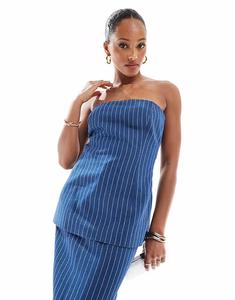 4th & Reckless, приталенный удлиненный топ-бандо из джинсовой ткани в тонкую полоску синего цвета