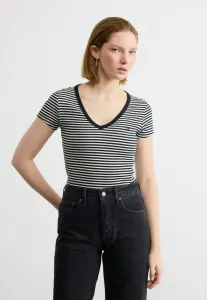 Футболка с v-образным вырезом в рубчик, приталенного кроя, с принтом. Tommy Jeans, Black/Ecru