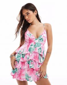 Платье-мини с v-образным вырезом и тонкими бретельками Hollister в стиле бэби-долл с розовым мелким цветочным узором