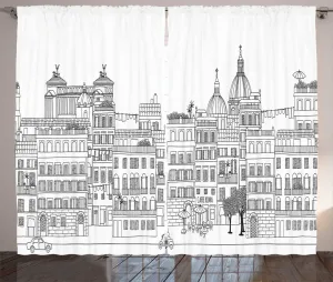 Штора ABAKUHAUS Rustic City, исторический итальянский пейзаж Рима, универсальная ленточная штора для гостиной с петлями и крючками, 280 x 225 см, цвет: антрацитовый серый и белый Abakuhaus