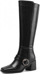 Женские модные ботфорты на высоком каблуке TinaCus с квадратным носком, ручной работы, из натуральной кожи с пряжкой и боковой молнией, Black