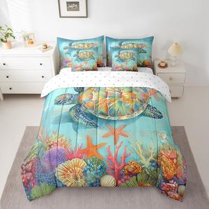 Erosebridal Комплект постельного белья Underwater World с морскими черепахами и звездами в прибрежном стиле для детей, Blue Green Orange