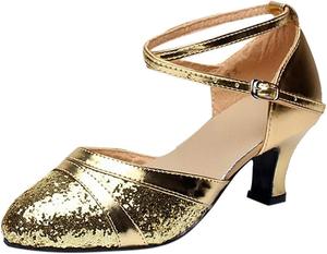 Босоножки на каблуке для женщин, закрытый носок, кожаные танцевальные туфли с пайетками, низкий каблук, латинские и бальные туфли для женщин (Цвет: золотой, Размер: 4,5 UK) Generic