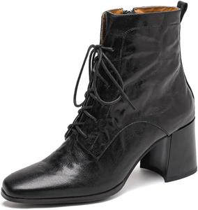 Женские ботильоны TinaCus из натуральной кожи с ручной отделкой, массивным каблуком, боковой молнией и квадратным носком, Black