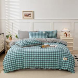 LUOLAI HOME Комплект постельного белья 3 предмета, 150x200 см, 1,5 кг, наволочка 48x74 см, простыня, сине-зеленая клетка, гребенной хлопок