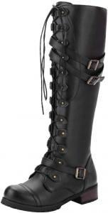Женские сапоги до колена из искусственной кожи, с ремешками и шнуровкой, готические винтажные, панк с пряжками, военного стиля, на массивном каблуке, высокие сапоги до колена XHLEMON, 8.5 Black