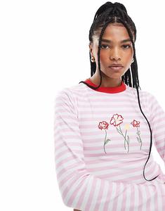 Приталенный топ ASOS DESIGN в полоску с контрастной отделкой и цветочной вышивкой розового цвета