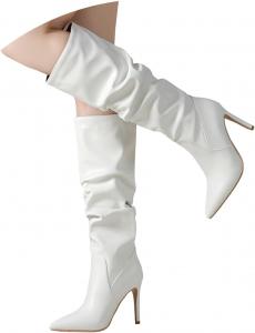 Женские ботфорты на высоком каблуке выше колена, с заостренным носком, эластичные, длинные, осенние, сексуальные ботинки, модные, свободного кроя, высокие, для свиданий, вечеринок и клубов JYSwoshoe, White-Ba
