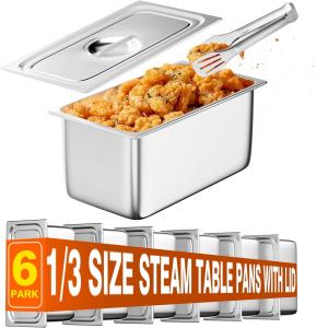 Кастрюли WantJoin 1/3 размера для парового стола с крышками, 6 шт, серебряный