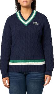 Lacoste женский полосатый шерстяной свитер с косой, Navy Blue+ Green + White