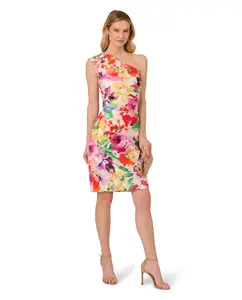 Короткое платье с цветочным принтом и асимметричным вырезом Adrianna Papell, мультиколор