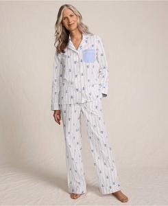 Женский пижамный комплект из двух частей из хлопкового поплина: топ с длинными рукавами и брюки Lands' End, White/blue floral stripe