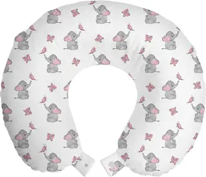 Подушка для шеи ABAKUHAUS "Слоновий питомник", с изображением бабочки, из пеноматериала, дорожный аксессуар для самолета и автомобиля, 30 x 30 см, серо-бледно-розово-белая Abakuhaus
