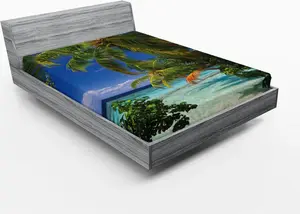 Простыня на резинке ABAKUHAUS Plant, Тропический рай рядом с Мальдивами с пальмами, голубое небо, прекрасные пляжи, спокойствие, 140 x 200 см, небесно-голубой, зеленый Abakuhaus