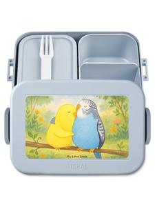 Mr. & Mrs. Panda Дизайн ланчбокса с изображением попугайчика, выполненный в пастельно-голубом цвете, не требует слов