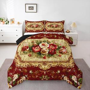 Erosebridal Элегантный комплект постельного белья в красных цветочных узорах с золотой геометрией, богемский северный стиль, викторианский дамаск, Red Gold