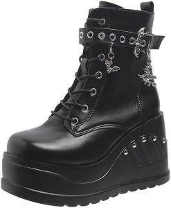 Женские боевые ботинки на высоком каблуке с квадратным носком, шнуровкой и молнией, высокие ботинки на танкетке с массивной подошвой, ботинки до щиколотки для женщин FOBOINED, Black-10