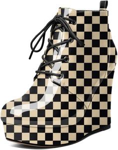 Younton Женские ботильоны на танкетке, ботинки с платформой, короткие ботильоны, с круглым носком, шнуровкой, на танкетке, сапоги, 10,2 см, теплые нарядные ботинки для вечеринок, вечерняя обувь