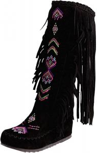 Женские вестерн-сапоги с бахромой, замшевые сапоги средней длины с вышивкой, высоким голенищем, плоской подошвой, ковбойские сапожки с кисточками для снега Generic, Black