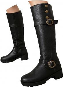 Женские сапоги до колена с широким голенищем, массивным каблуком, длинные сапоги с округлым носком, боковой молнией, стильные байкерские сапоги, удобные низкие каблуки, повседневные винтажные осенние высокие платформенные ботинки JYSwoshoe, Black-B