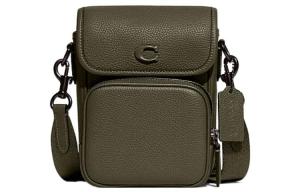 Кожаная плечевая сумка через плечо мини женская оливково-зеленая COACH
