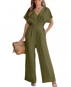 Женский комбинезон прямого кроя с коротким рукавом и V-образным вырезом CUPSHE, зеленый