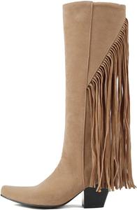 Женские ковбойские сапоги Ulalaza с бахромой, скрытой танкеткой, скуфита на щиколотке, с кисточками, стразы, блестящая ткань, нубук, удобные сапоги на ноге для улицы, свадьбы или вечеринки, S11-Offwhite