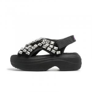 Тапочки-шлепанцы со стразами и липучкой, увеличивающие рост, сандалии с ремешками, средний каблук 3–5 см, женские, черные BLOCCO5, Black