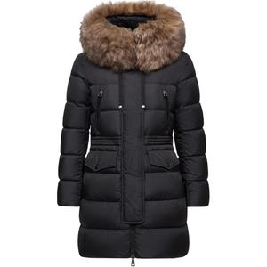 Афроти Куртка удлиненная пуховая с капюшоном и отделкой из овчины женская Moncler, черный