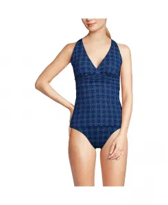 Женский топ-танкини с чашечкой D и V-образным вырезом, глубоким вырезом и разрезом на спине Lands' End, синий