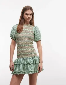 Мини-платье с присборками Reclaimed Vintage, рукавами-буфами в зеленую полоску и контрастной красной окантовкой