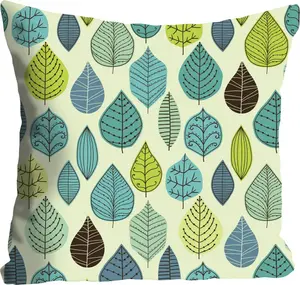 Декоративная подушка Queence "Falling Leaves", (1 шт.), с опадающими листьями, чехол без наполнения, 1 шт 40х40 см, синий/зеленый