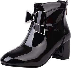 Женские туфли CsgrFagr, британский стиль, кожаный бантик, толстый средний каблук, сплошная задняя молния, короткие ботинки для женщин (черный, 7.5)