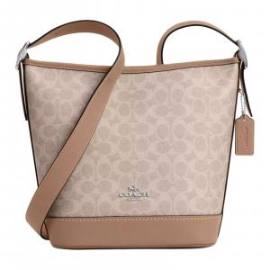 Сумка через плечо среднего размера для женщин из лакированного холста с кожаными вставками, цвет taupe и sand COACH, basic set (bag+dust bag)