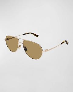 Мужские солнцезащитные очки-авиаторы с металлической двойной перемычкой Bottega Veneta, цвет Shiny Rose Gold Btv