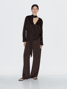 Струящаяся блузка с галстуком Massimo Dutti, коричневый
