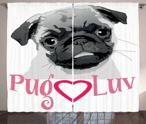 Штора ABAKUHAUS "Мопс в деревенском стиле", серая, с изображением мопса, присборенная, с петлями и крючками, 280 x 245 см, цвет: темно-серый, серо-розовый Abakuhaus