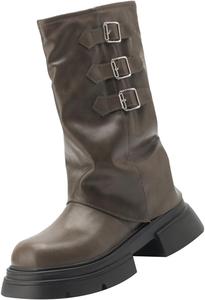 Женские ботинки с толстым устойчивым каблуком, модные, с круглым носком, дышащие, короткие ковбойские ботинки для девочек Generic, Brown