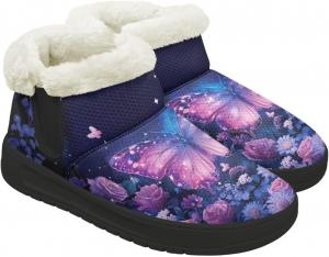 Женские зимние ботильоны без застежки для снега, легкие, теплые, с меховой подкладкой, противоскользящие, короткие уличные ботинки, размеры 4.5-12 Chririnla, Purple Rose Butterfly