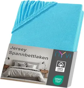 Простыня на резинке Джерси DreamScience 120x200 - 130x200 см бирюзового цвета для матрасов высотой до 22 см - Мягкая и эластичная, эластичная по всему периметру, не требует глажки NYVI