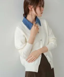 Вязаный кардиган с джинсовым воротником