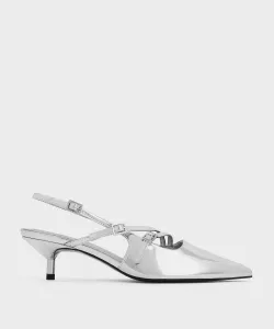 Туфли-лодочки на невысоком каблуке с пряжкой и ремешком на пятке Charles & Keith, цвет Silver