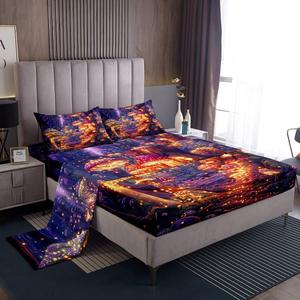 Erosebridal Комплект постельного белья Glitter Mushroom с фантазийным принтом грибов в фиолетовых тонах, Purple Yellow